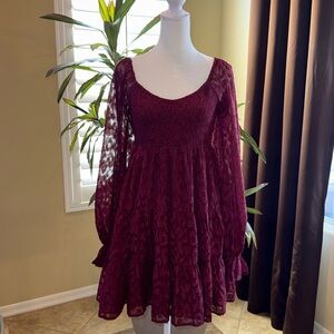 Vici leopard appliqué wine colored flounce smocked & tiered dress. So pretty!